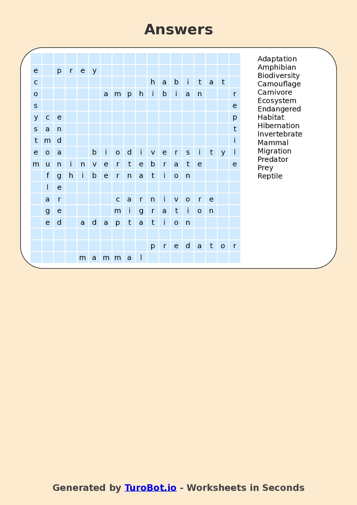 Year 5 General Knowledge Find a Word Worksheet – Animal Species