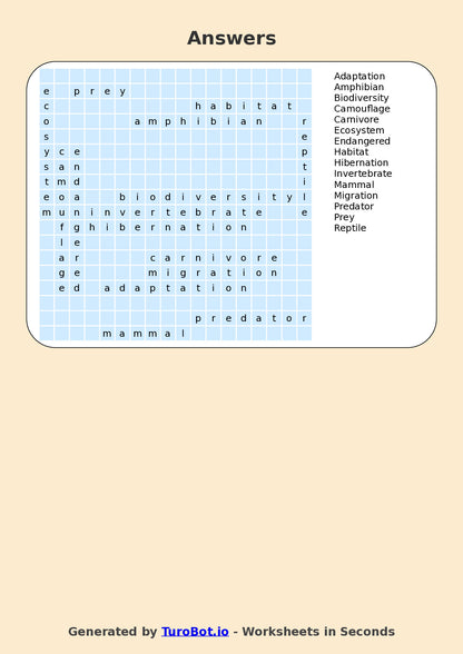 Year 5 General Knowledge Find a Word Worksheet – Animal Species