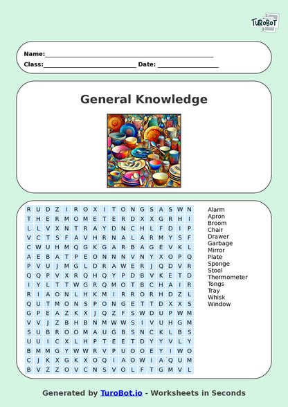 Year 5 General Knowledge Find a Word Worksheet – Everyday Household Items