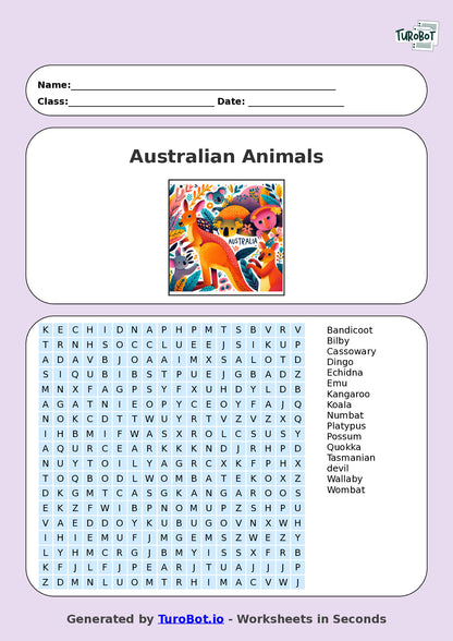 Year 5 General Knowledge Find a Word Worksheet – Names of Australian Animals