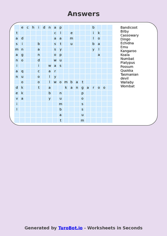 Year 5 General Knowledge Find a Word Worksheet – Names of Australian Animals