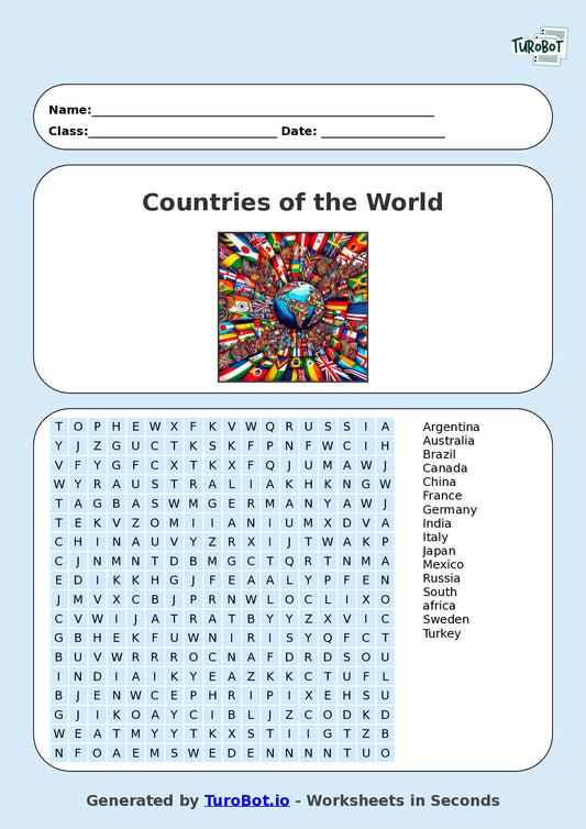 Year 5 General Knowledge Find a Word Worksheet – Names of Countries of the World