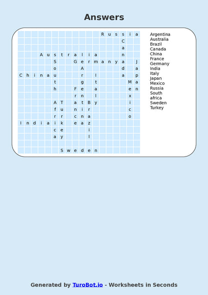 Year 5 General Knowledge Find a Word Worksheet – Names of Countries of the World