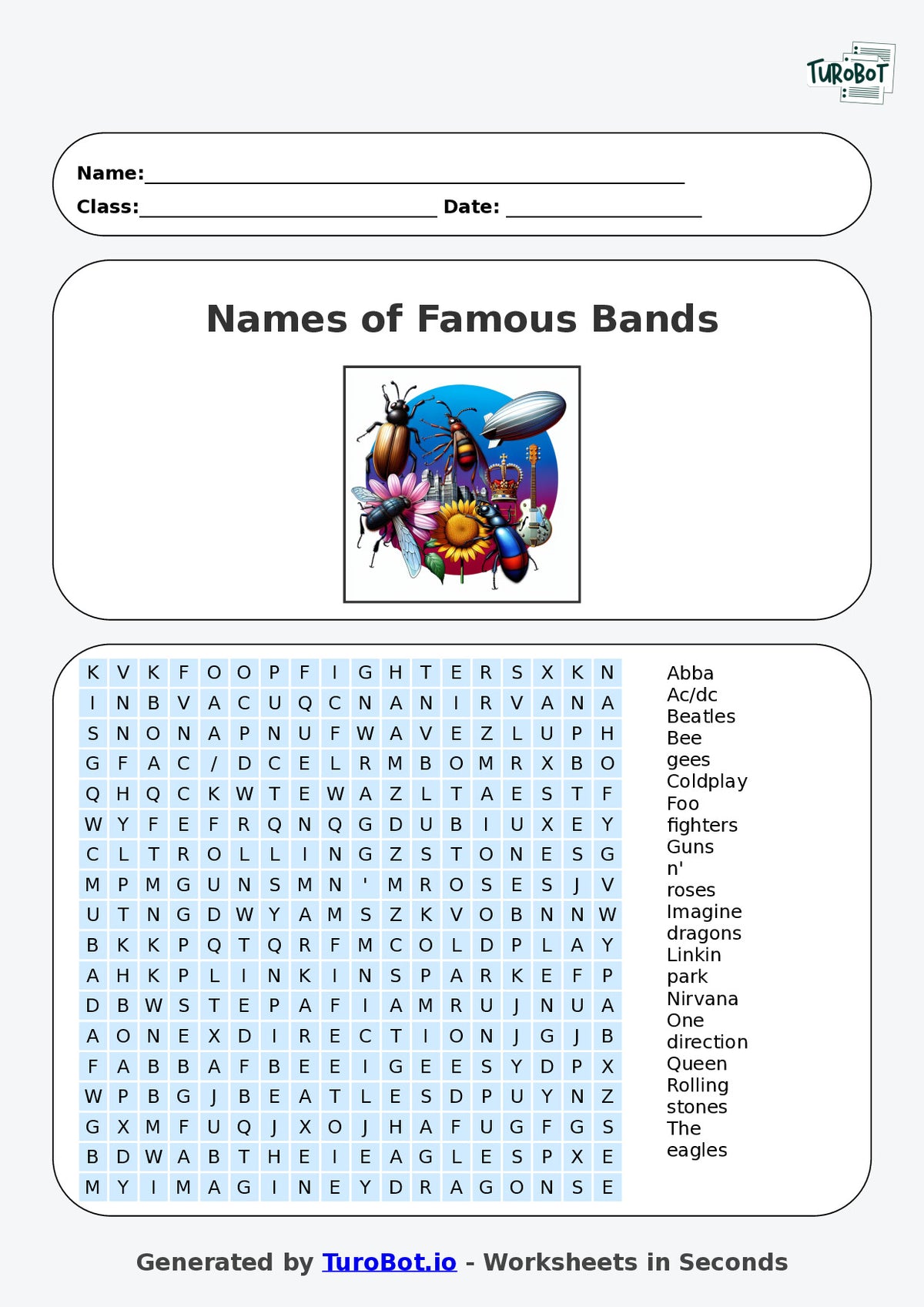 Year 5 General Knowledge Find a Word Worksheet – Names of Famous Bands