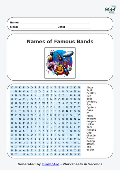 Year 5 General Knowledge Find a Word Worksheet – Names of Famous Bands