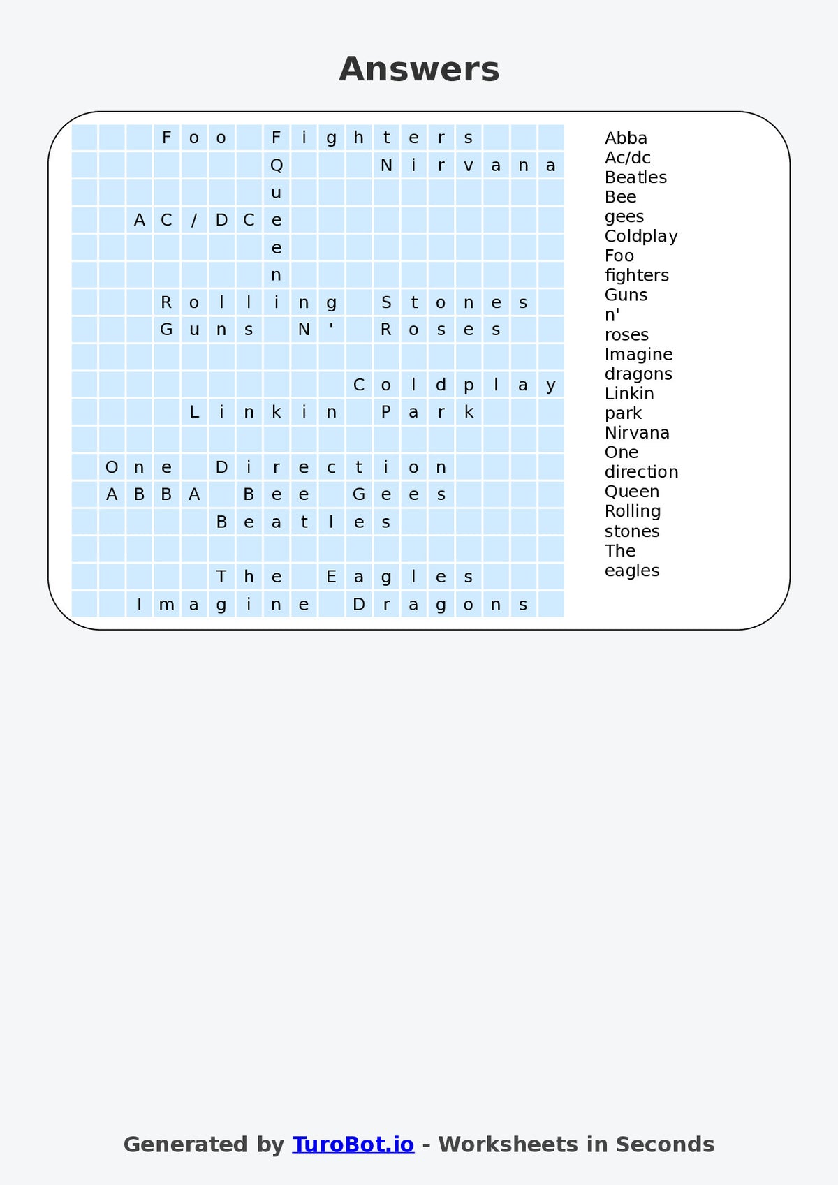 Year 5 General Knowledge Find a Word Worksheet – Names of Famous Bands