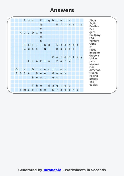 Year 5 General Knowledge Find a Word Worksheet – Names of Famous Bands