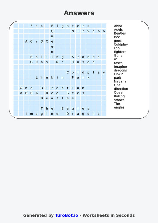 Year 5 General Knowledge Find a Word Worksheet – Names of Famous Bands