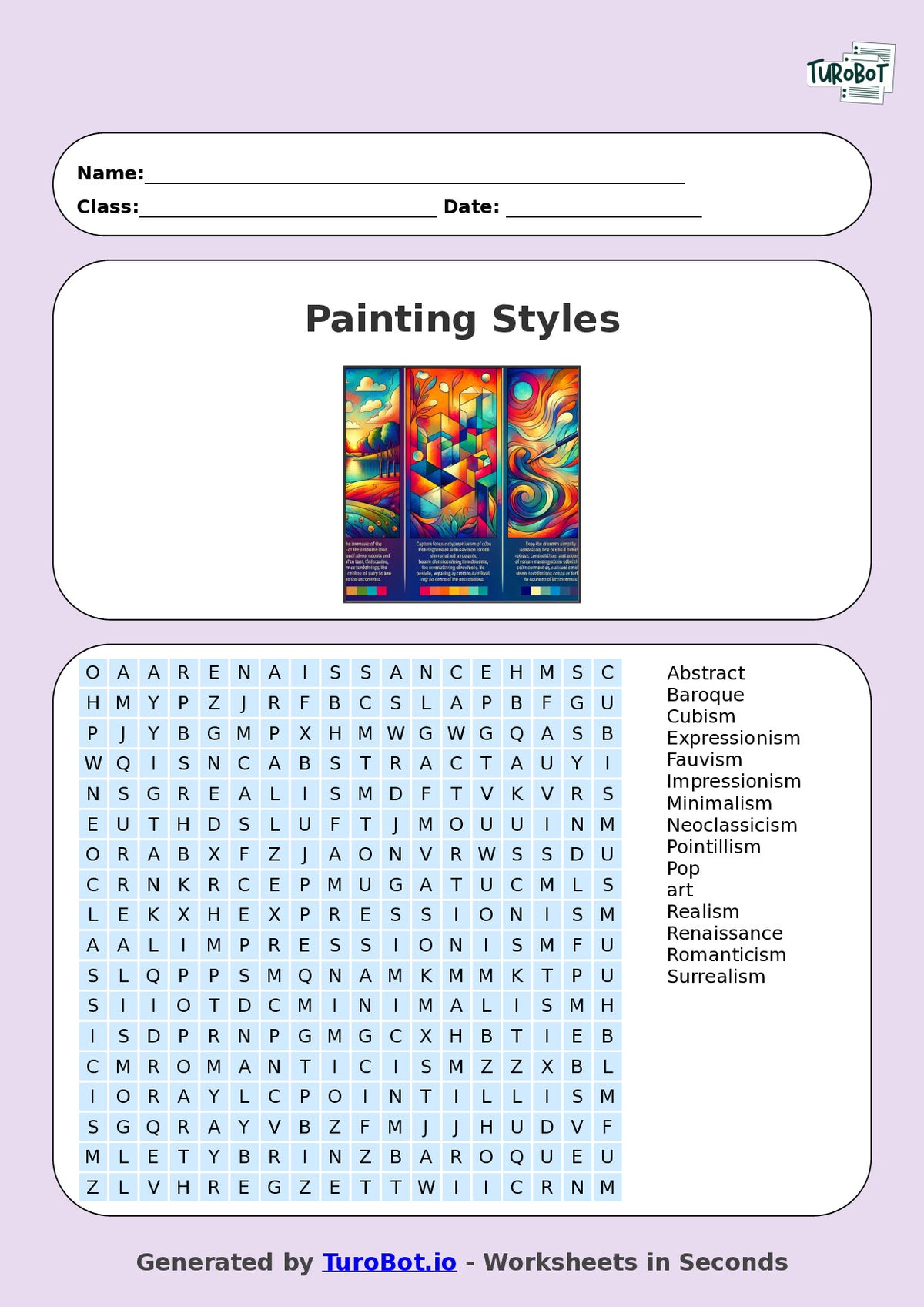 Year 5 General Knowledge Find a Word Worksheet – Names of Painting Styles