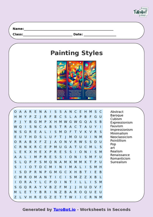 Year 5 General Knowledge Find a Word Worksheet – Names of Painting Styles