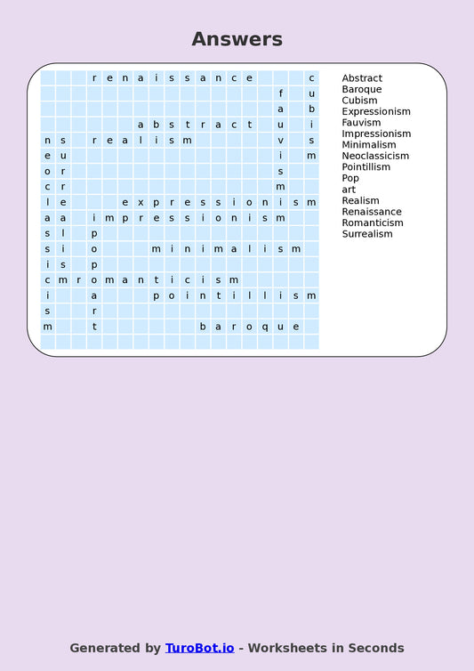 Year 5 General Knowledge Find a Word Worksheet – Names of Painting Styles