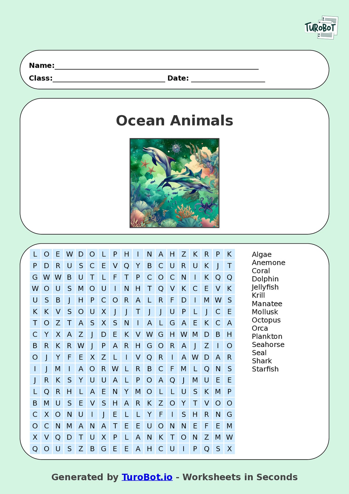Year 5 General Knowledge Find a Word Worksheet – Ocean Animals
