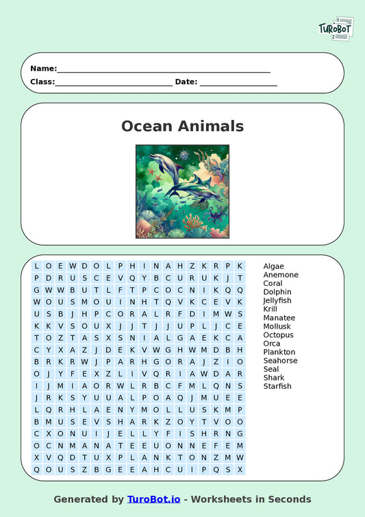 Year 5 General Knowledge Find a Word Worksheet – Ocean Animals