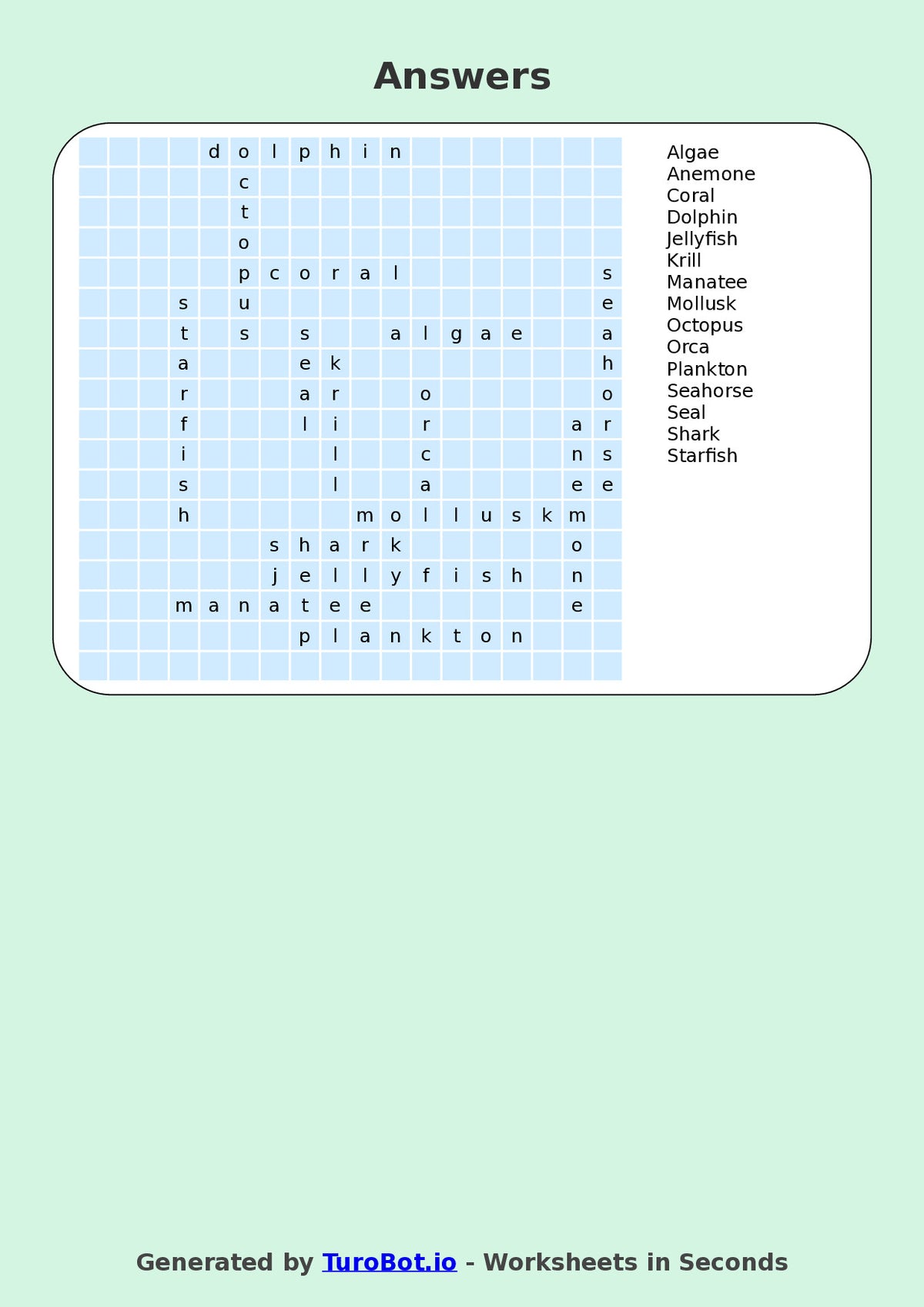 Year 5 General Knowledge Find a Word Worksheet – Ocean Animals