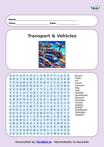 Year 5 General Knowledge Find a Word Worksheet – Transport & Vehicles