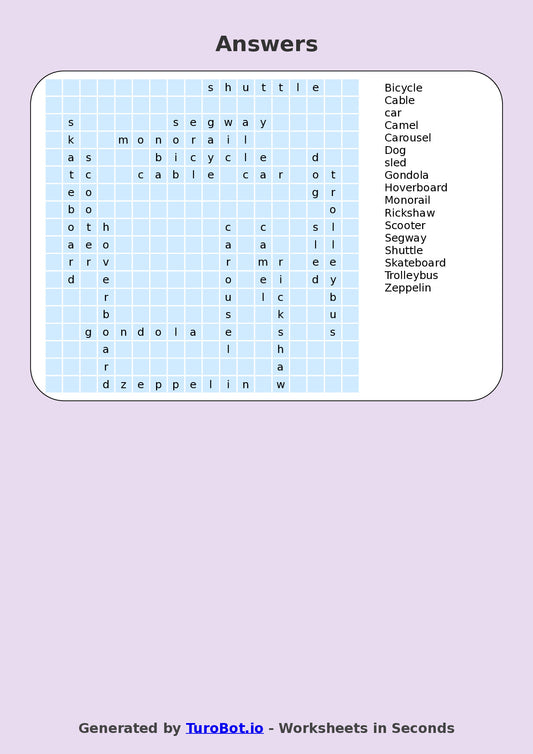 Year 5 General Knowledge Find a Word Worksheet – Transport & Vehicles