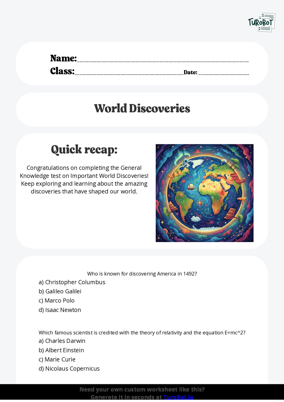 Free Worksheet - Year 5 General Knowledge Important World Discoveries Multiple Choice