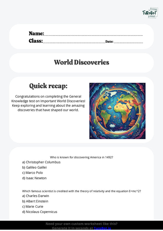 Free Worksheet - Year 5 General Knowledge Important World Discoveries Multiple Choice