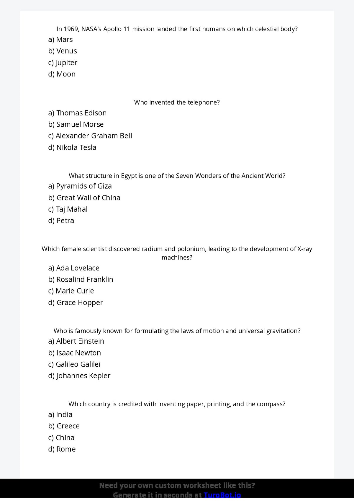 Free Worksheet - Year 5 General Knowledge Important World Discoveries Multiple Choice
