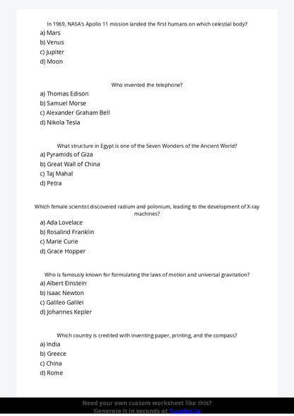 Free Worksheet - Year 5 General Knowledge Important World Discoveries Multiple Choice