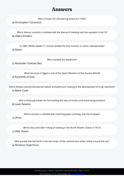 Free Worksheet - Year 5 General Knowledge Important World Discoveries Multiple Choice