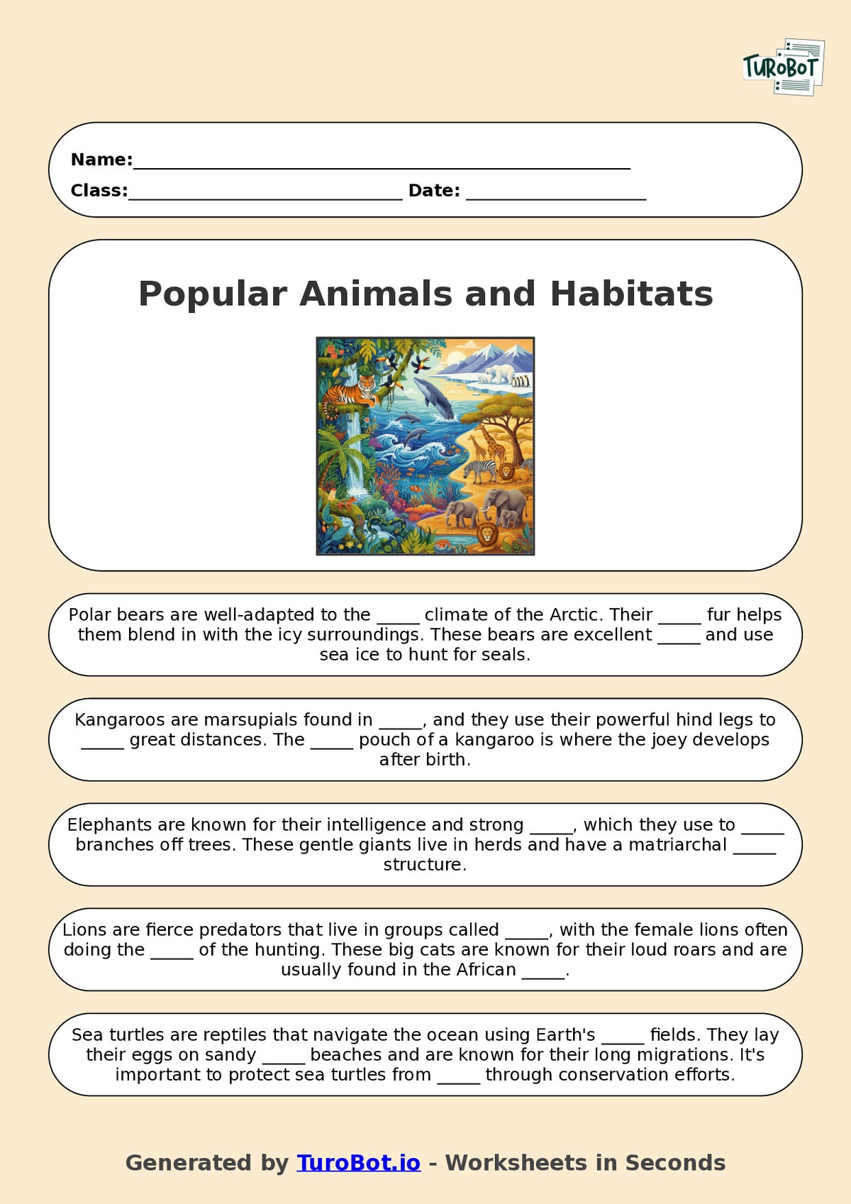 Year 6 General Knowledge Fill in the Blanks Worksheet – Popular Animals and Habitats