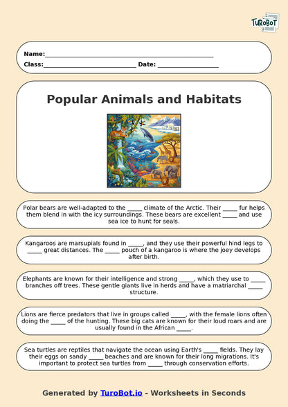 Year 6 General Knowledge Fill in the Blanks Worksheet – Popular Animals and Habitats