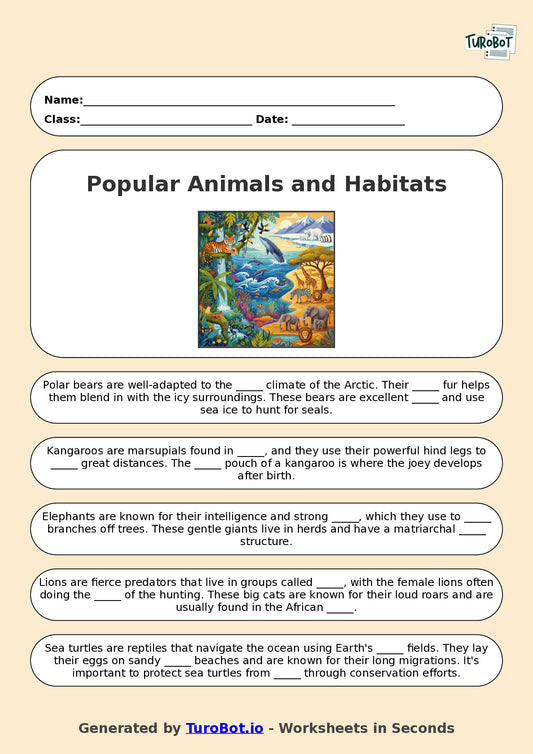 Year 6 General Knowledge Fill in the Blanks Worksheet – Popular Animals and Habitats