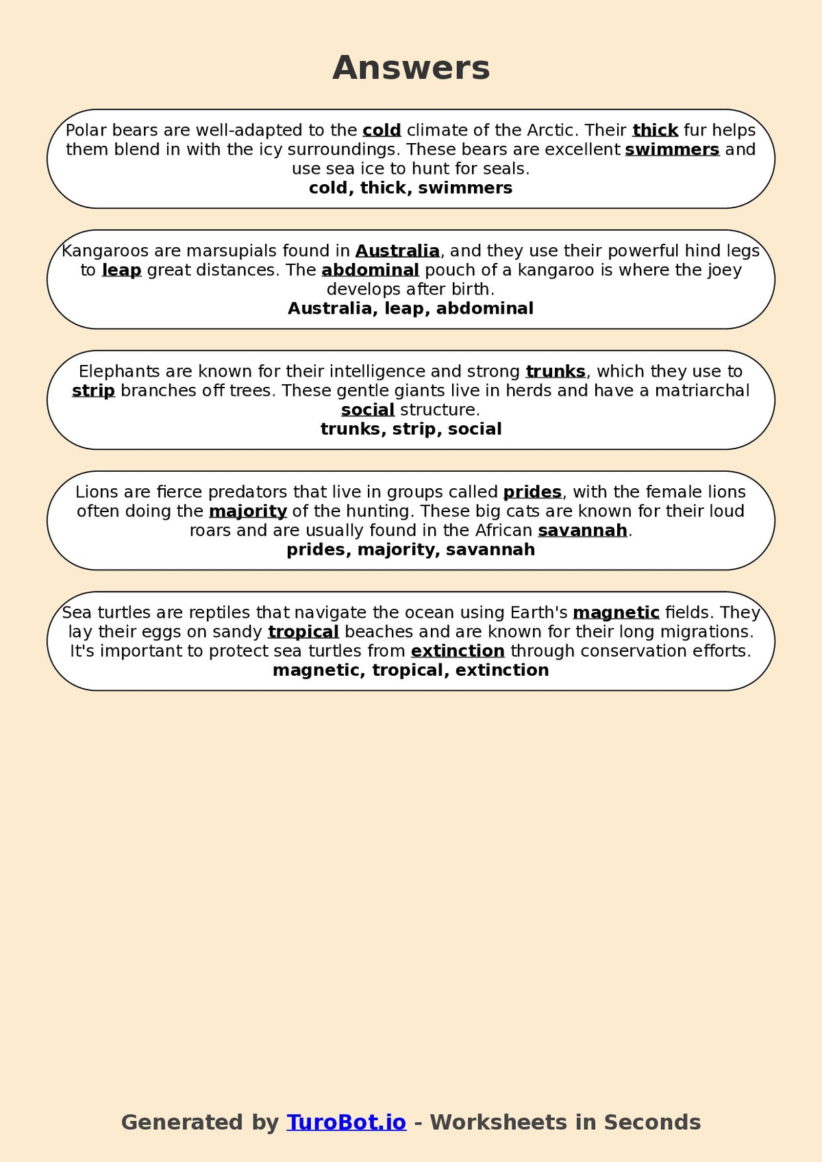 Year 6 General Knowledge Fill in the Blanks Worksheet – Popular Animals and Habitats