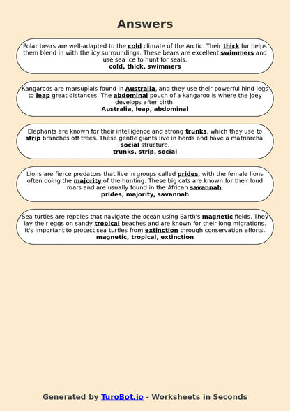 Year 6 General Knowledge Fill in the Blanks Worksheet – Popular Animals and Habitats