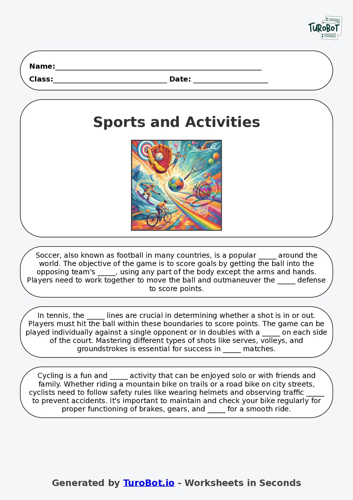 Year 6 General Knowledge Fill in the Blanks Worksheet – Sports and Activities
