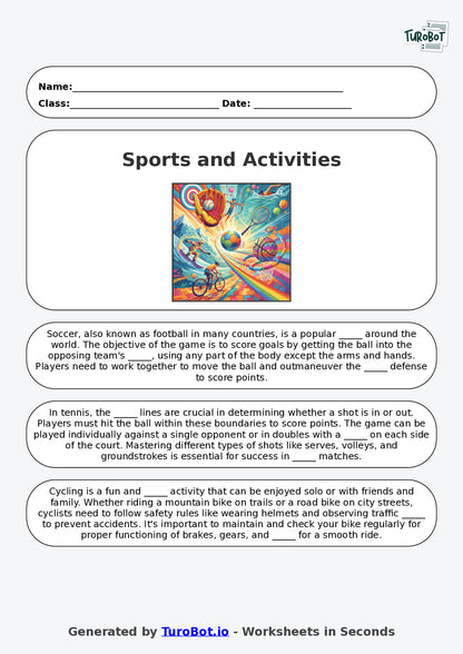 Year 6 General Knowledge Fill in the Blanks Worksheet – Sports and Activities