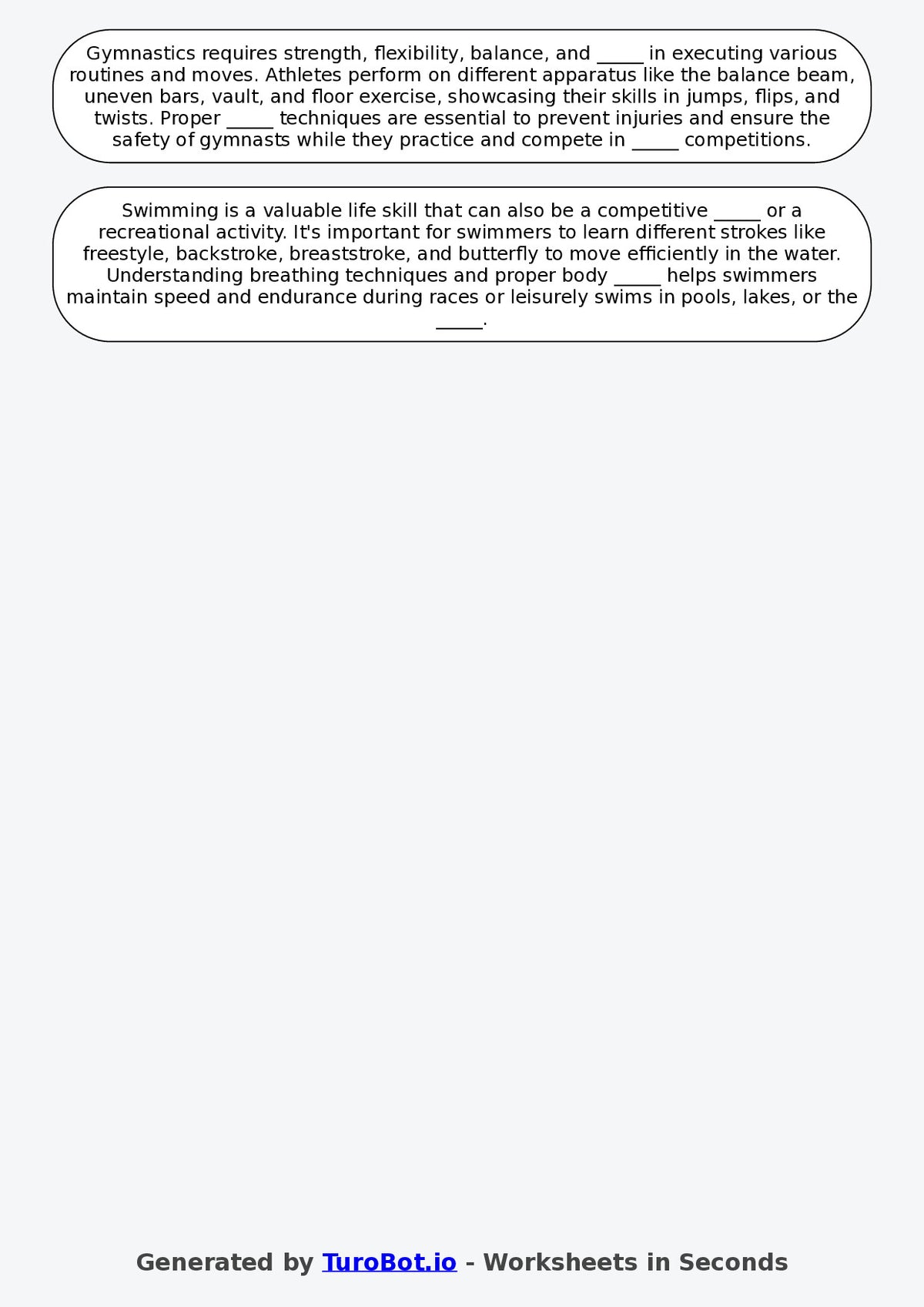Year 6 General Knowledge Fill in the Blanks Worksheet – Sports and Activities