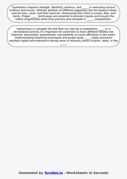 Year 6 General Knowledge Fill in the Blanks Worksheet – Sports and Activities