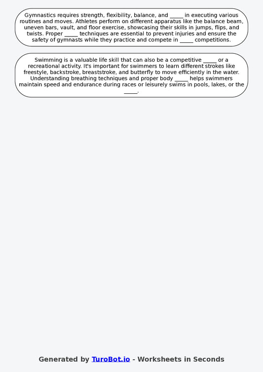 Year 6 General Knowledge Fill in the Blanks Worksheet – Sports and Activities