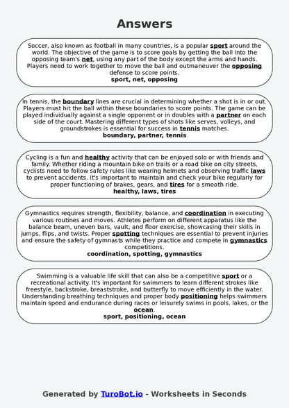 Year 6 General Knowledge Fill in the Blanks Worksheet – Sports and Activities