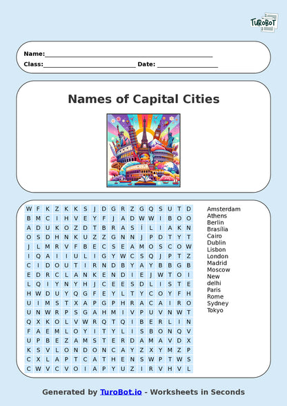 Year 6 General Knowledge Find a Word Worksheet – Names of Capital Cities