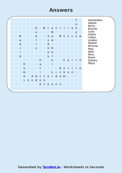 Year 6 General Knowledge Find a Word Worksheet – Names of Capital Cities