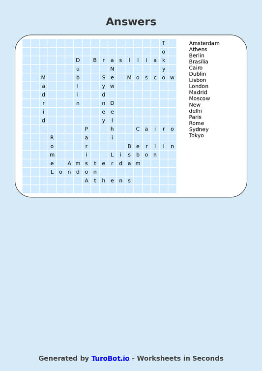 Year 6 General Knowledge Find a Word Worksheet – Names of Capital Cities
