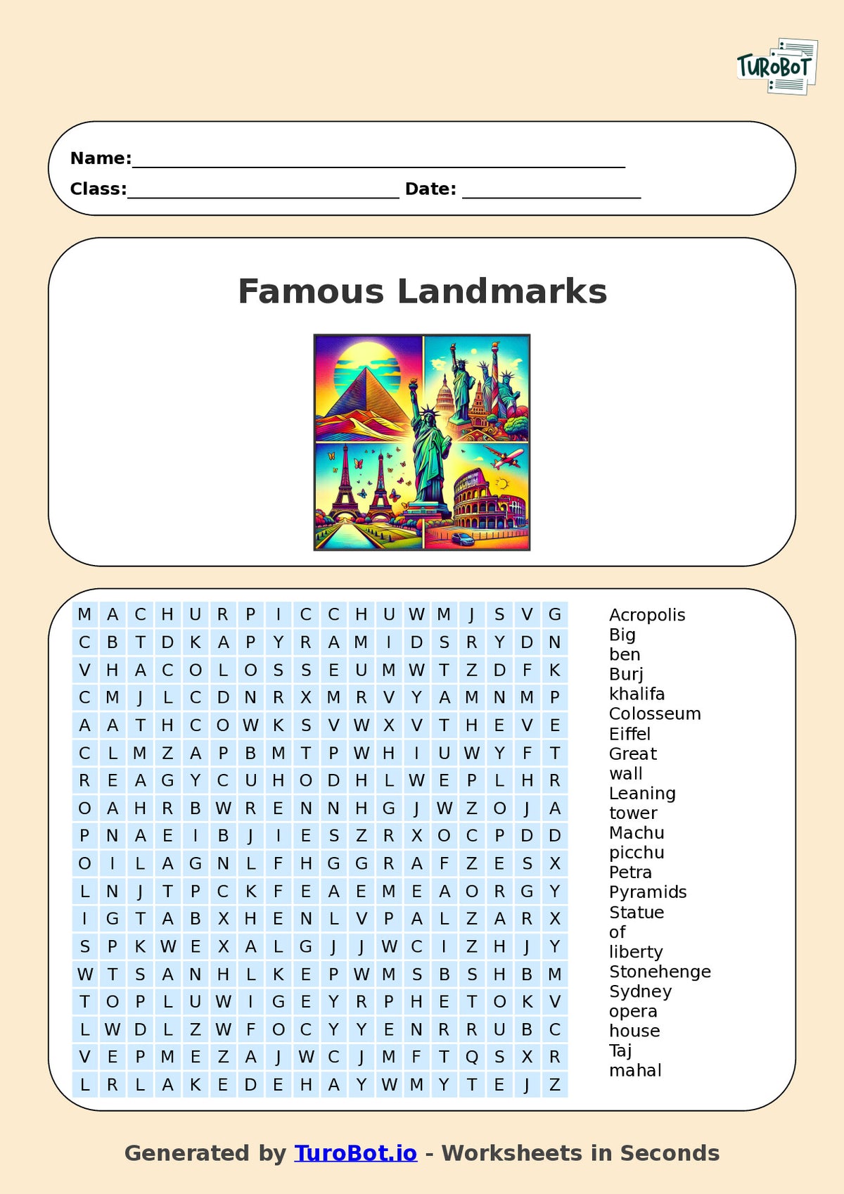 Year 6 General Knowledge Find a Word Worksheet – Names of Famous Landmarks from Around the World