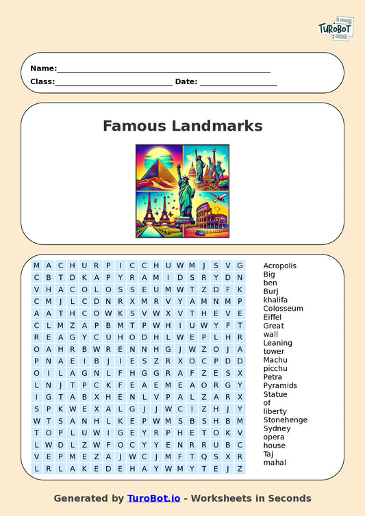 Year 6 General Knowledge Find a Word Worksheet – Names of Famous Landmarks from Around the World