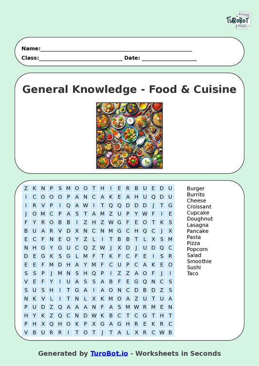 Year 6 General Knowledge Find a Word Worksheet – Names of Food & Cuisine