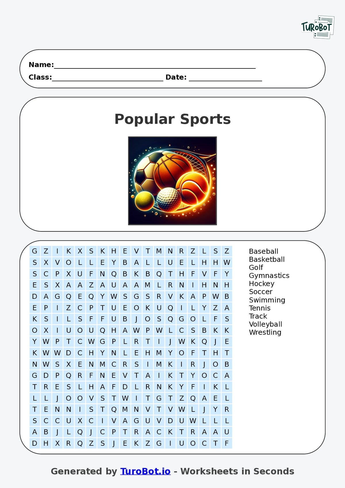 Year 6 General Knowledge Find a Word Worksheet – Names of Popular Sports