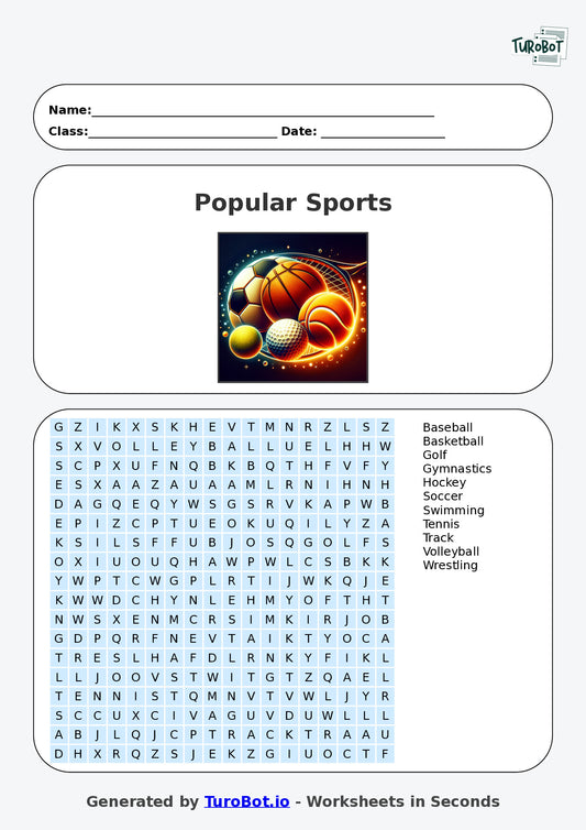 Year 6 General Knowledge Find a Word Worksheet – Names of Popular Sports