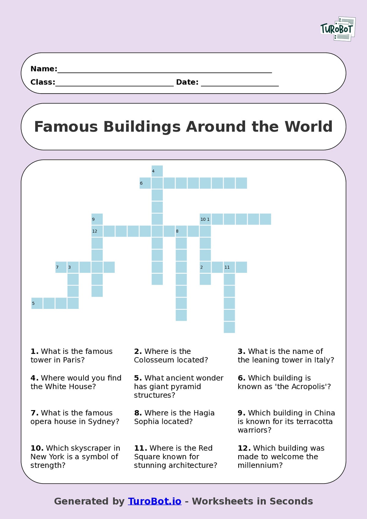 Year 7 General Knowledge Crossword Worksheet – Names of Famous Buildings Around the World