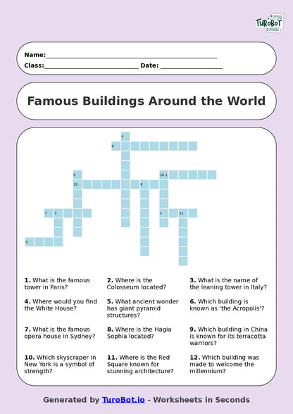 Year 7 General Knowledge Crossword Worksheet – Names of Famous Buildings Around the World
