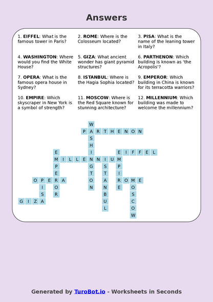 Year 7 General Knowledge Crossword Worksheet – Names of Famous Buildings Around the World