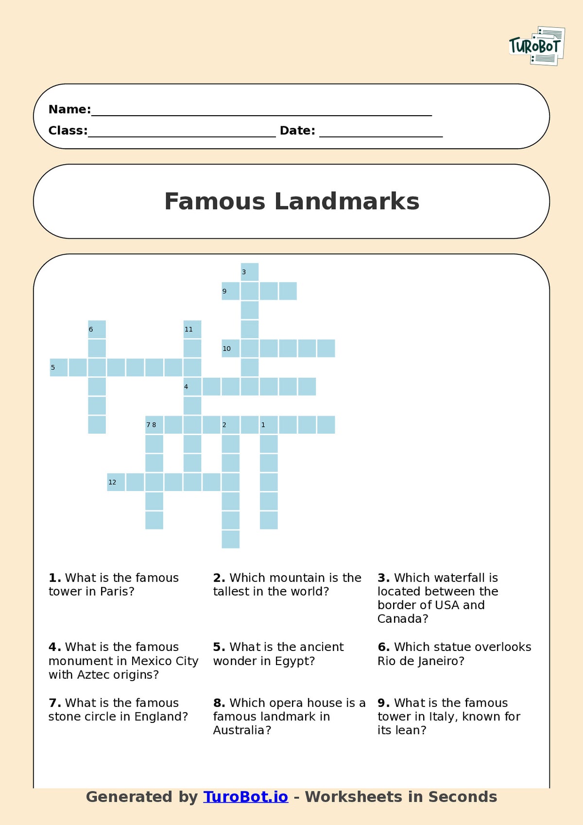 Year 7 General Knowledge Crossword Worksheet – Names of Famous Landmarks Around the World