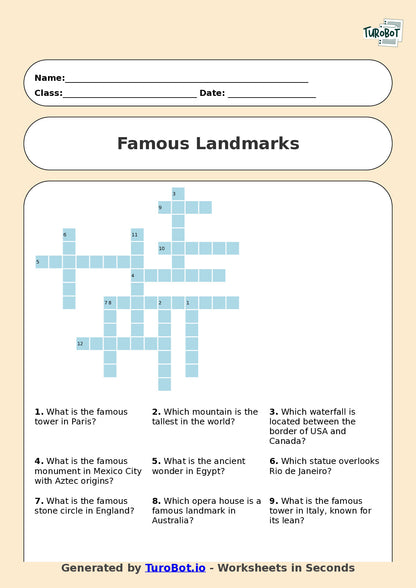 Year 7 General Knowledge Crossword Worksheet – Names of Famous Landmarks Around the World