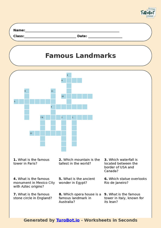 Year 7 General Knowledge Crossword Worksheet – Names of Famous Landmarks Around the World